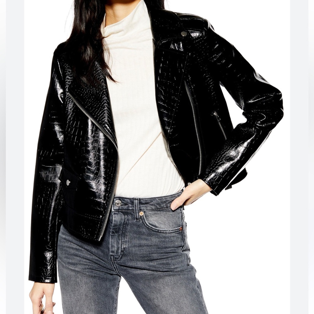 Topshop Croc embossed Faux Leather Jacket in size 8